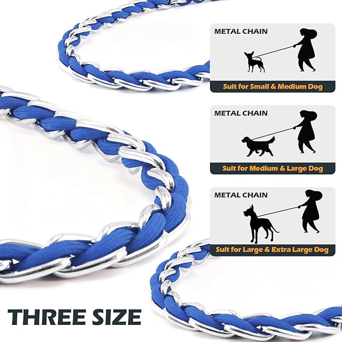 Dog Leash Chew Proof, Chain Leash Anti Chew Dog Leash for Large Dogs Heavy Duty, Indestructible Metal Leash Anti Bite Chain Link with Woven Cord Soft Padded Handle (Blue, 4FT)