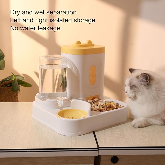 Pet Feeder and Water Dispenser Set, Automatic Cat Food Dispenser, 2 in 1 Automatic Cat Feeder and Water Dispenser for Indoor Small Medium Dog Puppy Kitten (Yellow)