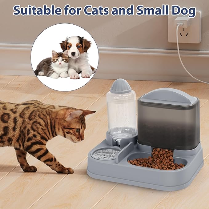 Yummy Sam Automatic Cat Feeder and Water Dispenser, 2 in 1 Large Capacity Gravity Small Pet Auto 2.5L Pet Feeder and 1L Waterer Set Feeder Dish for Small Medium Pets Dog Puppy Kitten (Grey Black)