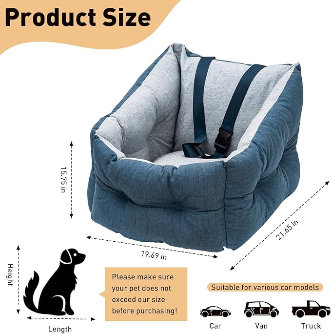 ETIAL Dog Booster Car Seat Medium Sized Dog, Anti-Slip Dog Travel Carrier Bed with Chunky seat and Clip-on Dog Safety Leash, Detachable Washable, Warm Soft Elevated Pet Car Seat Under 30lbs (Blue)