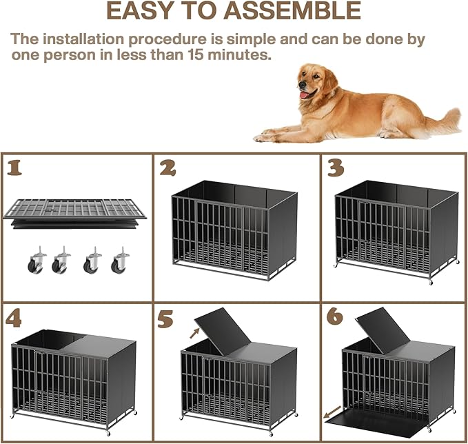 LEMBERI 42 inch Heavy Duty Indestructible Dog Crate, High Anxiety Extra Large Dog Cage for Large Dogs, XL Steel Escape Proof Dog Kennel with Wheels and Removable Tray