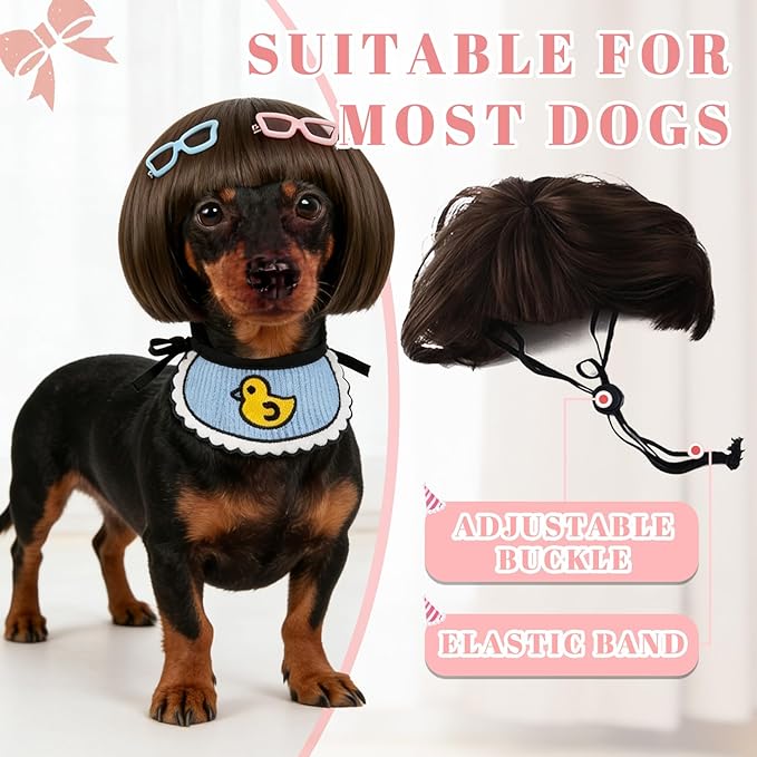 Funny Dog Bangs Bob Wig - Adjustable Elastic Band & Trimmable, Built-in Knitted Bandana & Bow Clip, Dog Cosplay Costume for Small Medium Large Dogs,Halloween Christmas Parties Festivals (Black)
