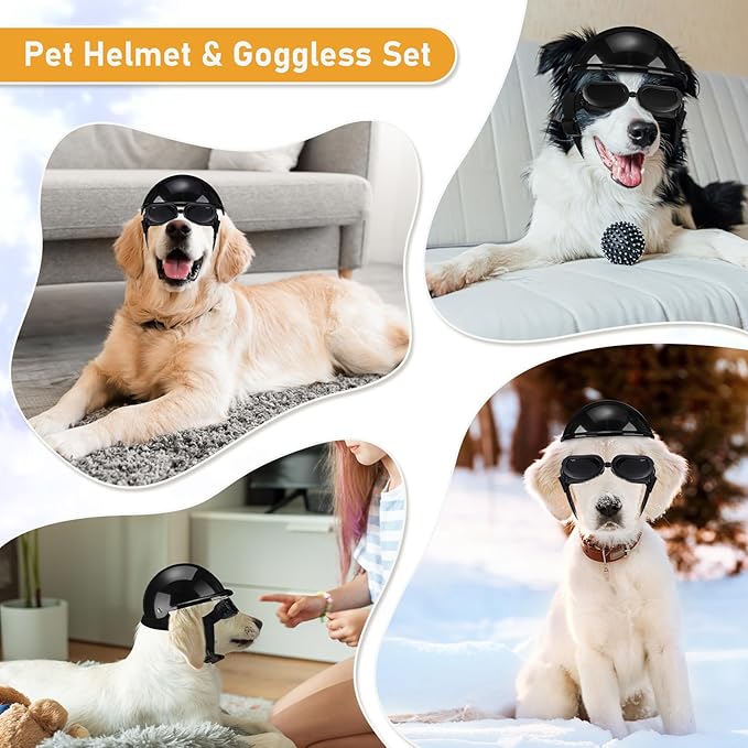 Frienda Dog Helmet and Goggles, UV Protection Doggy Sunglasses and 4 Inch Padded Puppy Motorcycle Helmet Adorable Dog Goggles with Adjustable Belt for Small Dogs Puppy Riding(Black,L)