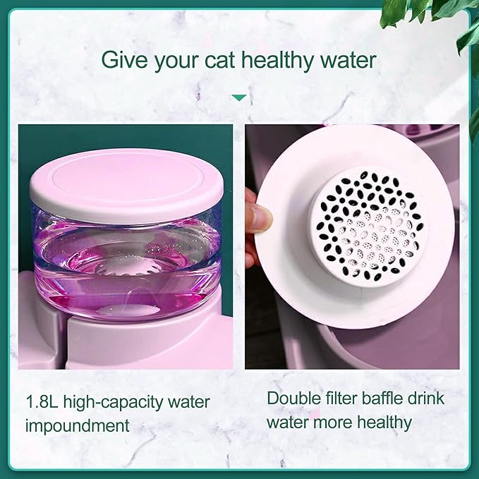 2-in-1 Double Dog Cat Bowls, Pet Water and Food Bowl Set, 1.8L Automatic Water Dispenser Detachable Bowl No-Spill Dog Waterer, Pet Feeder Auto Pets Waterer for Cat and Small Dog (Pink)