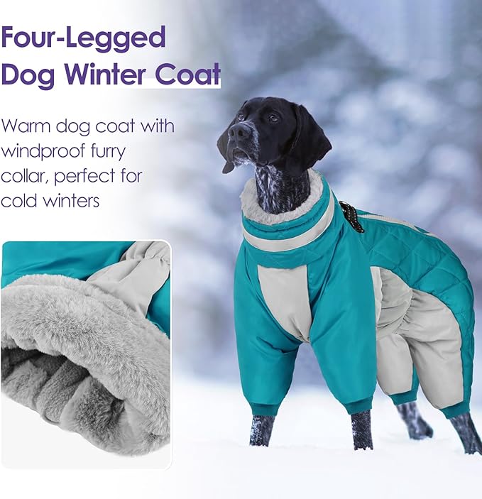 SUNFURA Full Body Dog Coat - Warm Fleece Jacket for Large Dogs, Turtleneck Winter Coats with Harness, Reflective Windproof Dog Snowsuit with Legs for Labrador,Golden Retriever, Turquoise 2XL