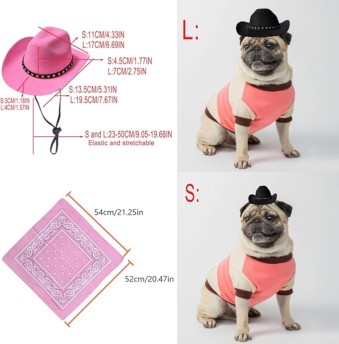 Dog and Cat Cowboy Hat With Bandana Scarf - Mini Pet Costume for Holiday, Halloween, Party Decoration (Pink, Large)