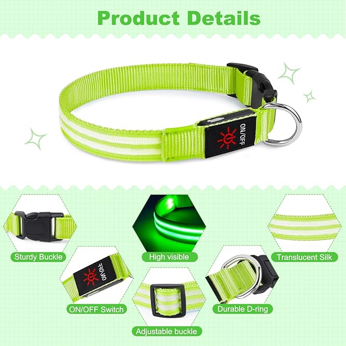 Illumifun Light Up Dog Collar, Rechargeable LED Dog Collar Glow in The Dark, High Visibility Collars Light for Pet Walking at Night (Green, Large)
