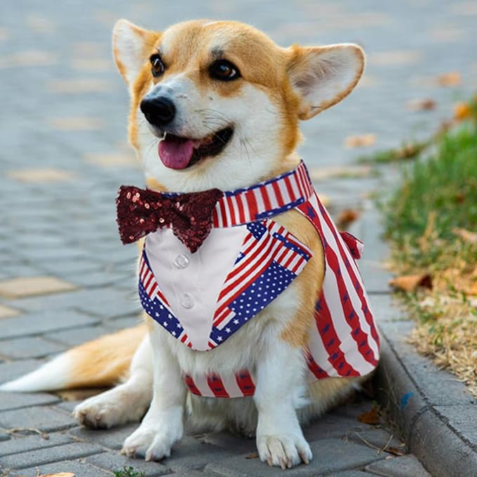 Kuoser Independence Day Dog Tuxedo Dog Suit and Bandana Set, 4Th of July Dog Costume American Flag Dog Outfit with Bow Tie for Large Medium Small Dogs Golden Retriever Samo Bulldogs, M