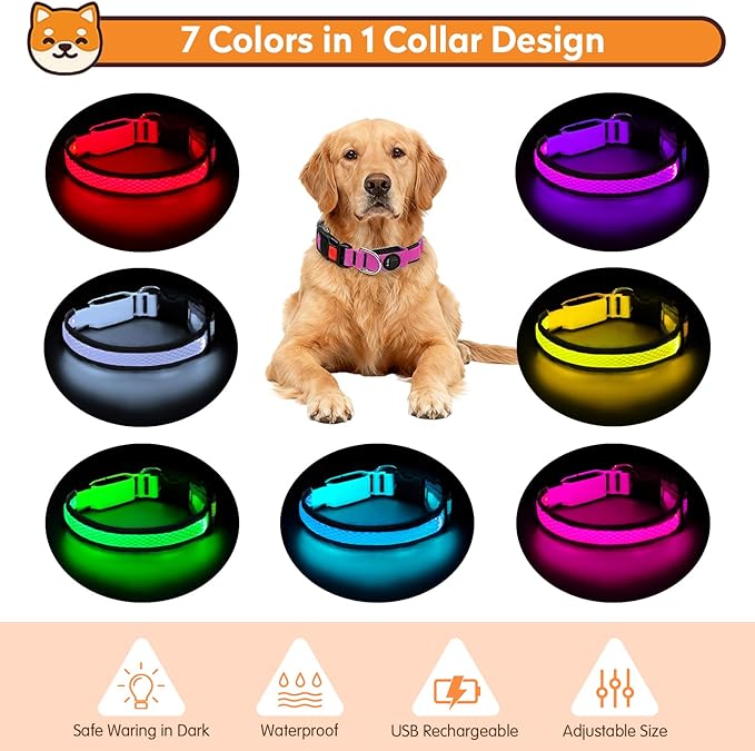 LED Dog Collar, Light Up Dog Collar USB Rechargeable, Nylon Adjustable Comfortable Soft Bright RGB 7 Colors Changeing Safety Light Glowing Collar for Medium and Large Dogs(Medium,Pink)