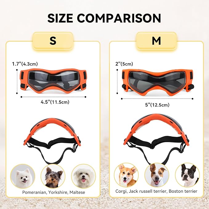 PETLESO Dog Goggles Small Breed, Dog Sunglasses UV Protection Puppy Eyewear for Small Pet Outdoor Riding Driving, Orange S