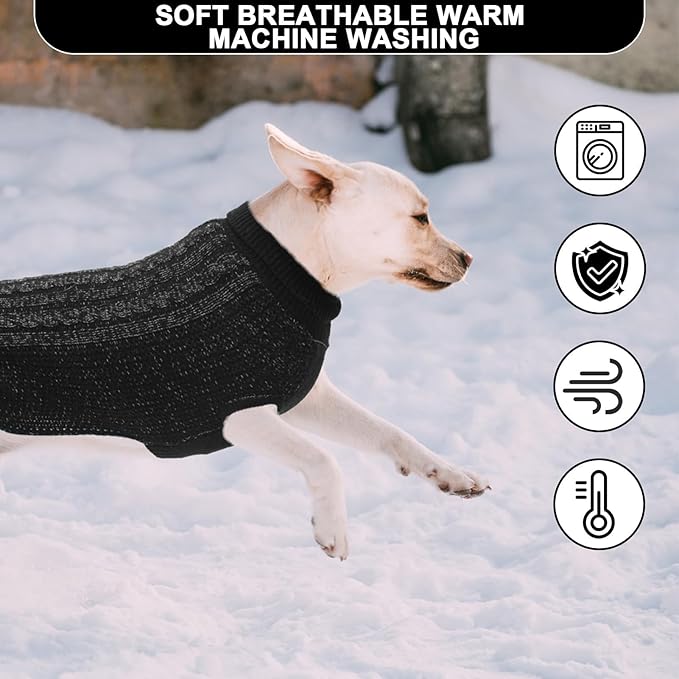 Large Dog Sweater, Classic Cable Knit Warm Dog Sweatshirt with Reflective Yarn for Girl Boy, Halloween Fall Winter Coat Turtleneck Pullover Clothes Apparel for Small Medium Large Dogs (Black L)