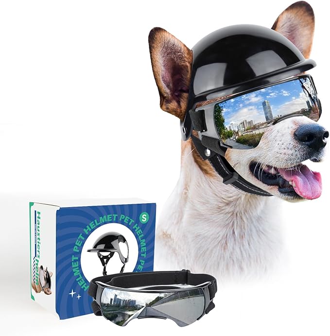 PETLESO Dog Goggles for Small Dogs with Helmet, 2PCS Doggy Sunglasses and Pet Motorcycle Helmet Set for Small to Medium Pet Outdoor Riding Walking, Silver Goggles Black Helmet
