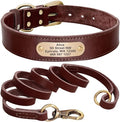 Real Leather Dog Collar Leash Set Personalized Genuine Leather Dog Pet Collars Leashes Custom for Small Medium Large Dog Pitbull Brown Collar Leash M