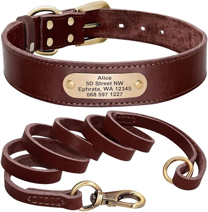 Real Leather Dog Collar Leash Set Personalized Genuine Leather Dog Pet Collars Leashes Custom for Small Medium Large Dog Pitbull Brown Collar Leash XL