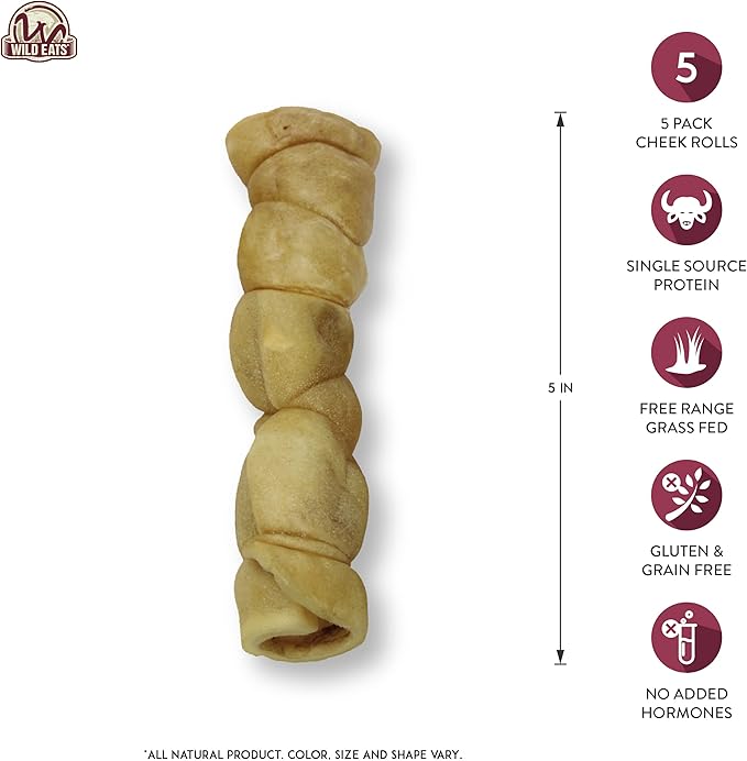Wild Eats Water Buffalo Retriever Style Cheek Roll Dog Chews - 5 Pack (Long Lasting Chews, Treats, Bones for Aggressive Chewers & Large Dogs) Great Substitute Pig Ears Dogs