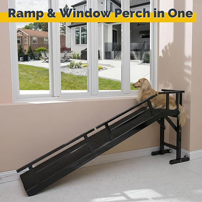 Dog Ramp for Bed or Couch, Wooden Pet Ramp with 20° Gentle Slope, Removable Side Rails, Non-Slip Surface, Top Platform & Wheels, Safe Bed Ramp for Small, Medium & Senior Dogs, 74" Long, Black