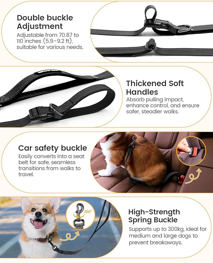 Hands Free Dog Leash, Pet Car Seatbelt, 2-in-1 Multifunctional Crossbody Dog Leash, 5.9-9.2Ft Waist Belt with Double-Sided Reflective for Walking, Hiking, Travel etc.(Black)
