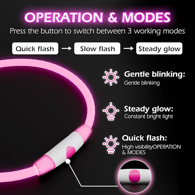 Rechargeable Reflective Pet Gear LED Dog Collar Light Up, Flashing Glowing Illuminated Collar for Night Walking, Neon Pet Collar with Light for Small/Medium/Large Dogs (Pink, 1-Pack)