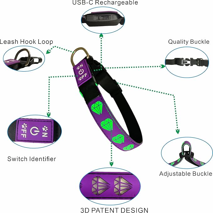 Personalized Dog Collar Waterproof airtag Dog tag Holder,USB C Light up Night Black Dog Collar (Pink, S(7.87-11.8"))