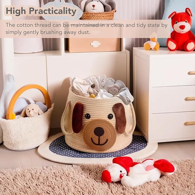 Large Dog Woven Basket with Handles - Toy Storage Bin, Baby Gift & Animal Nursery & Cute Laundry Basket, for Clothes, Towels, Toys (Dog)