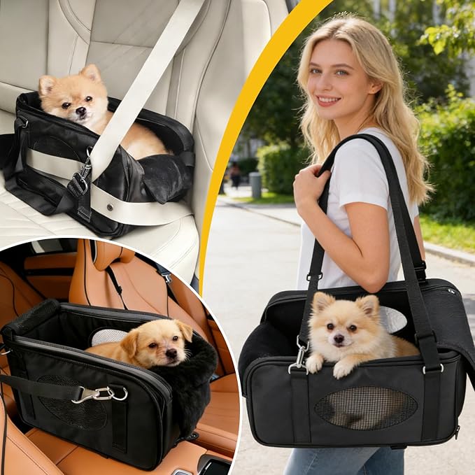 BABORUI Center Console Dog Car Seat, 3-in-1 Portable Pet Carrier, Cat Car Seat with Zipper Fold Storage, Travel Ride Companion for Cats