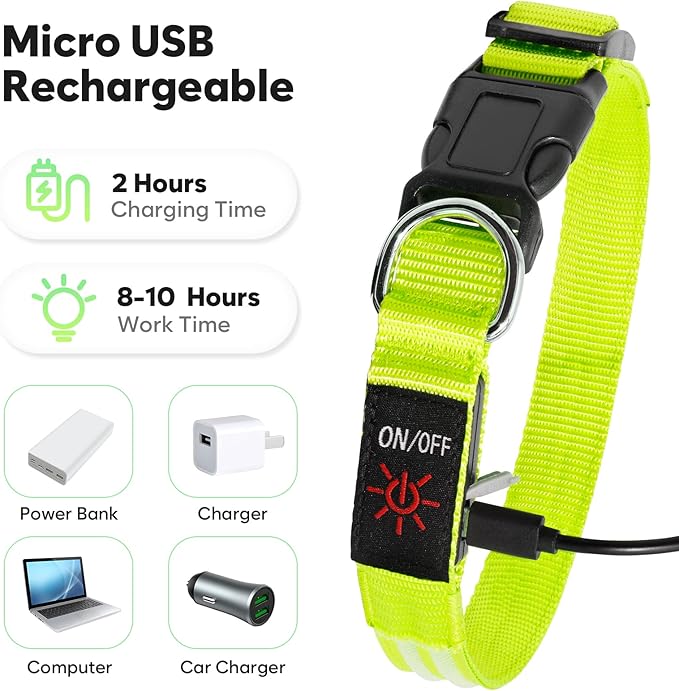HIGO LED Dog Collar - Rechargeable Light Up Dog Collars Glow in The Dark, Flashing Dog Lights for Night Walking (Small, Green)