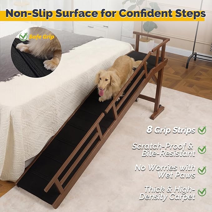 Dog Ramp for Bed or Couch, Wooden Pet Ramp with 20° Gentle Slope, Removable Side Rails, Non-Slip Surface, Top Platform & Wheels, Safe Bed Ramp for Small, Medium & Senior Dogs, 74" Long, Walnut