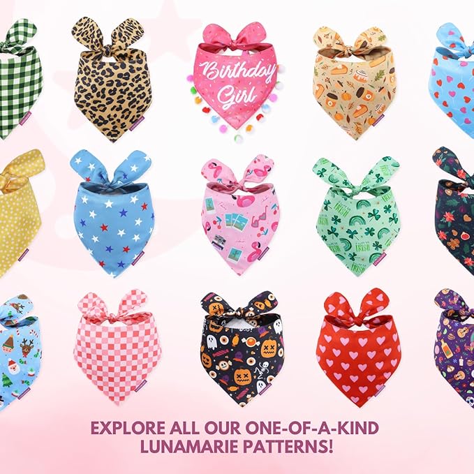 LunaMarie - Luxury Pet Birthday Bandanas -Premium & Silky Poly Fabric | 100% Handmade | Custom Shape Dual Layered (Birthday Girl, Medium)