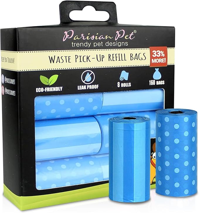Parisian Pet Ecofriendly Dog Poop Bags Rolls - 160 Count Unscented Poop Bags For Dogs - Leakproof, Extra Thick, 8 Dog Waste Bags Refill Rolls - Stripes Dots Blue Doggie Poop Bags