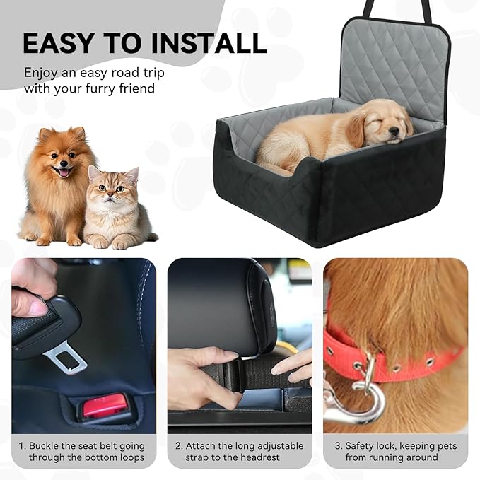 Dog Car Seat for Medium Small Dogs, Memory Foam Dog Booster Seat, Travel Safe Bed with Safety Belts Detachable Washable, Anti-Slip Base