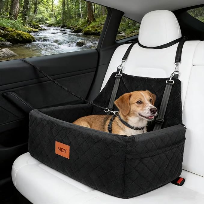 MCY Dog Car Seat for Large Medium Dogs, Dog Booster Seat with Thick Cushion, Portable Washable Pet Under 55 lbs, 2 Safety Leashes Travel Car Bed, Suitable for Home and Outdoor, Black