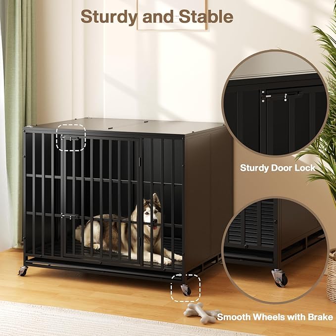 LEMBERI 42 inch Heavy Duty Indestructible Dog Crate, High Anxiety Extra Large Dog Cage for Large Dogs, XL Steel Escape Proof Dog Kennel with Wheels and Removable Tray