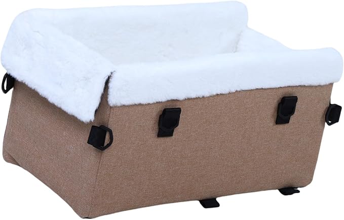 Center Console Dog Car Seat, Soft Pet Car Seat for Small Dogs, Pets Cats Armrest Middle Console Travel Carrier for Trucks SUVs (Khaki)
