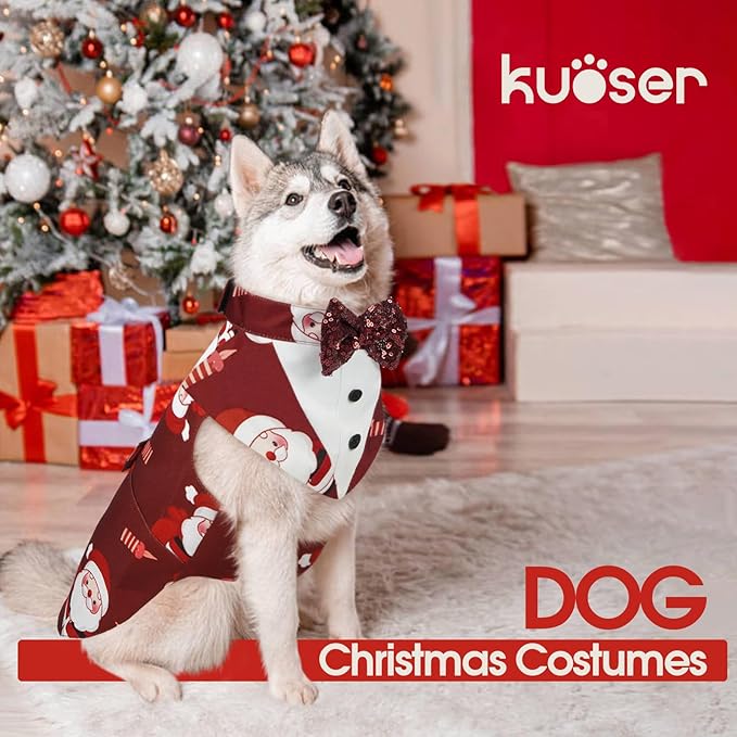 Kuoser Christmas Dog Tuxedo Dogs Suit and Bandana Set, Santa Claus Doggy Christmas Outfit Adjustable Pet Xmas Costume with Bow Tie for Large Medium Small Dogs Golden Retriever Samo Bulldogs, Red XL