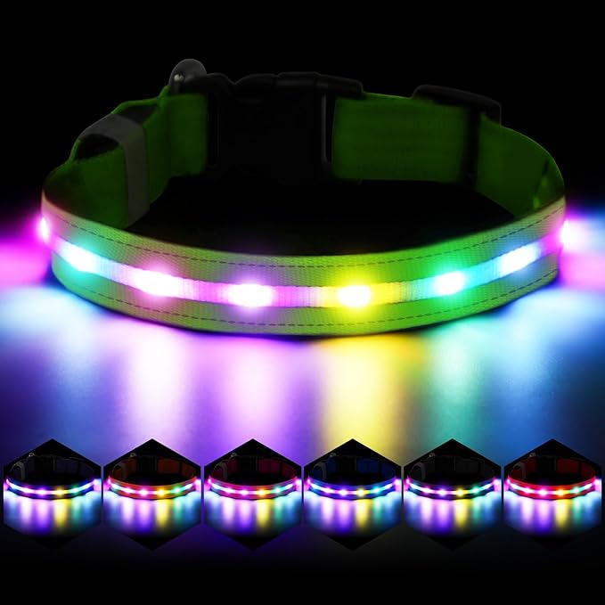 Light Up Dog Collar, USB Rechargeable 6 Modes, Waterproof Charging Port, Long Lasting LED Collar - Adjustable Nylon Reflective for Dogs, Sizes S/M/L (7/9/11 Lights) - 5 Colors (Green, L)
