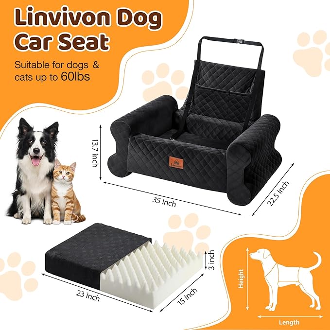 Dog Car Seat for Medium/Large Dogs up to 60 lbs, Memory Foam Dog Booster Seat with Thick Cushion, Pet Car Seat with Detachable Washable Cover, Storage Pockets for SUV, Pick Up, Trunk, Grey Black