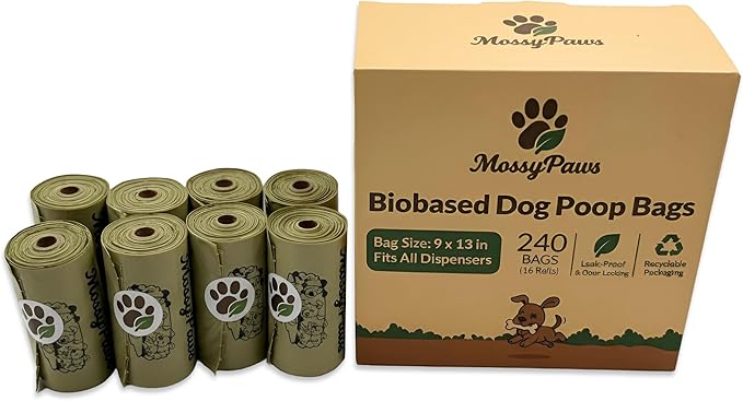 MossyPaws Biobased Dog Poop Bags – 240 Count (16 Rolls) – Plant-Based, Leak-Proof, Durable – Eco-Friendly Pet Waste Bags with Recyclable Packaging – 9x13 Inch – Fits All Dispensers