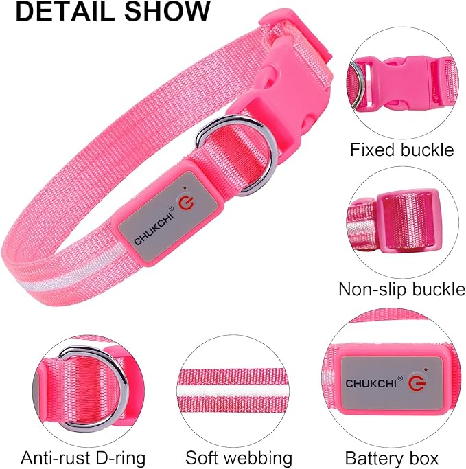 CHUKCHI LED Dog Collar Rechargeable,Waterproof Flashing Collar,Light Up Glow Collar, Adjustable Soft Safety Light Up for Small Medium Large Dogs Walking Camping at Night (Pink-S)