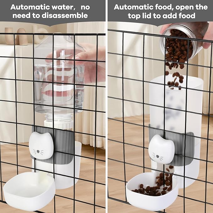 Yummy Sam Hanging Automatic Small Pet Food Water Dispenser, Auto Gravity 0.8L Cat Feeder and 0.87L Water Dispenser, Self-Feeding and Waterer Set Kennel Feeding Station for Puppy Cats (Grey White)