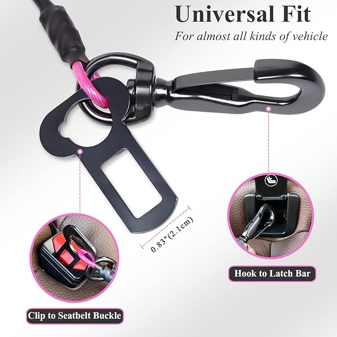 VIVAGLORY Dog Seat Belt Tuffbelt Dog Car Harness, Seatbelt with Clip & Hook for Car Travel, Chew Proof Anti Chew Unchewable Metal Safety Tether Restraint, XS, Pink