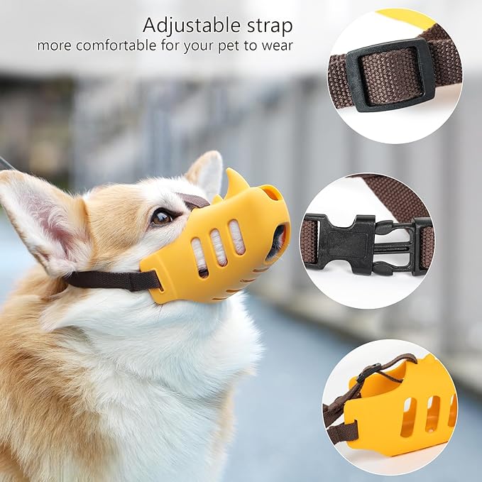 NACOCO Anti Bite Dog Muzzle - Dog Soft Mouth Rhino with Adjustable Strap Covers Breathable Silicone Cage Pet for Biting Chewing Small Medium (Yellow Rhino, M)