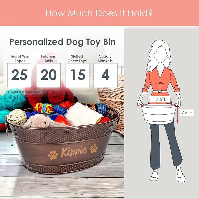 BREKX Personalized Metal Dog Toy Bin - Copper Galvanized Storage Bin with Handles, Basket for Pet Toys, Dog Toy Box, Pet Storage - Custom Dog Name Gift