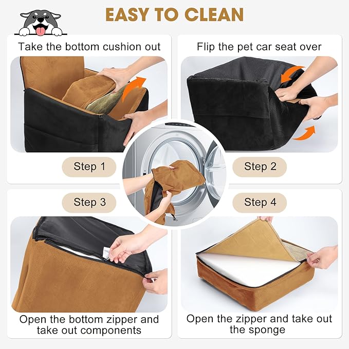 JOEJOY Dog Car Seats for Small Medium Dogs Under 30lbs, Dog Booster Seat with Detachable Washable Cover and Cushion, Memory Foam Pet Car Seat with Safety Belt and Storage Pockets (Brown)