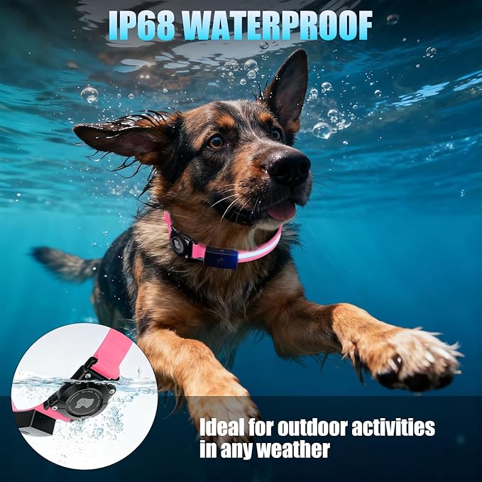 LED AirTag Dog Collar - Brightest Light Up Dog Collars - IP68 Waterproof Air Tag Dog Collar Holder - 1,600 Feet of High Visibility - Magnetic Charging - Dog Lights for Night Walking, Pink M