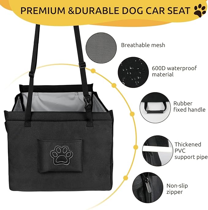 Black Portable Dogs Car Seat for Travel Dogs, Safety Leash, Adjustable Straps, Medium Dog Car Seat, Dog Travel Bed Washable Foldable, with Storage Pockets