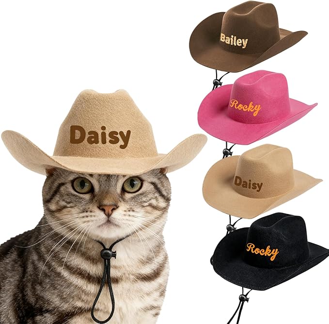 Personalized Cat Cowboy Hats with Name, Custom Cowboy Hat for Cat, Holiday Party Cowboys Costume for Cats, Pet Tiny Cowboy Cap Gifts for Pet Lovers