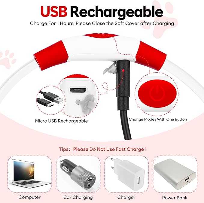 LED Dog Collar, Light Up Dog Collars USB Rechargeable for Night Walking-Fashion TPU Glowing Safety Pet Collar Lights for Small Dogs Cat (Red)