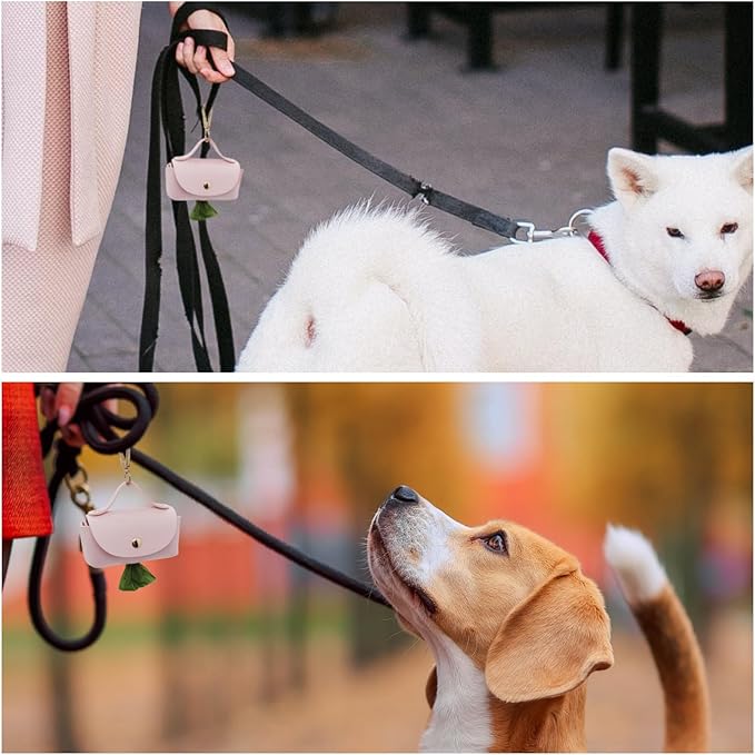Leather Poop Bag Holder Dispenser for Leash, Portable and Reusable Dog Poop Dispenser, Dog Bag Holder for Walking, Outdoor, Travelling (Pink)