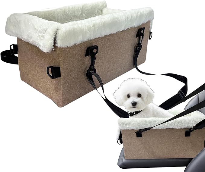 Soft Dog Car Seat, Portable Puppy Console Chair, 18 Inches Pet Cushion with Safety Buckle, Oxford Fabric Travel Bed with Comfort Padding, SUV Armrest Vehicle Seat Secure Straps
