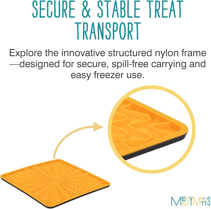 Messy Mutts Framed Silicone Therapeutic Licking Mat | 9.5" x 9.5" | Slow Feeder Mat for Boredom & Anxiety | Lick Pad for Dogs & Cats | Orange